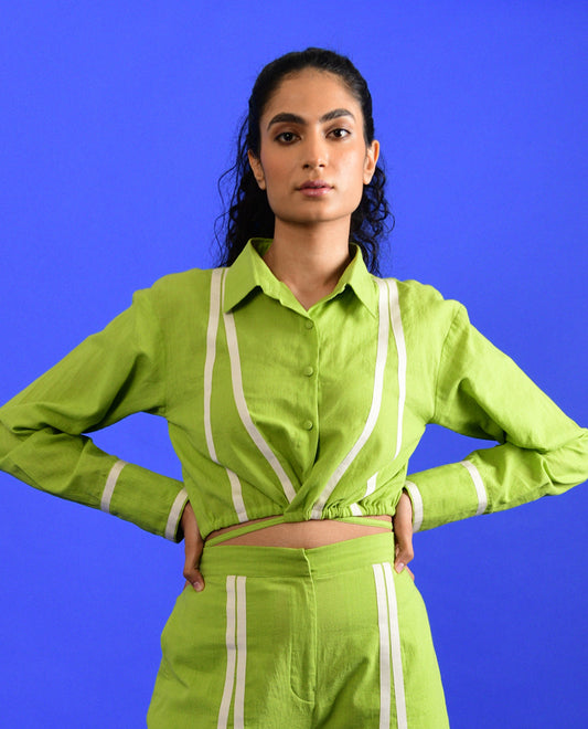 Green Tie Up Crop Top by Rias Jaipur with 100% Organic Cotton, Casual Wear, Crop Tops, Green, Handspun, Handwoven, Hue, Regular Fit, Rias Hue by Rias Jaipur, Solids, Stripes, Womenswear at Kamakhyaa for sustainable fashion