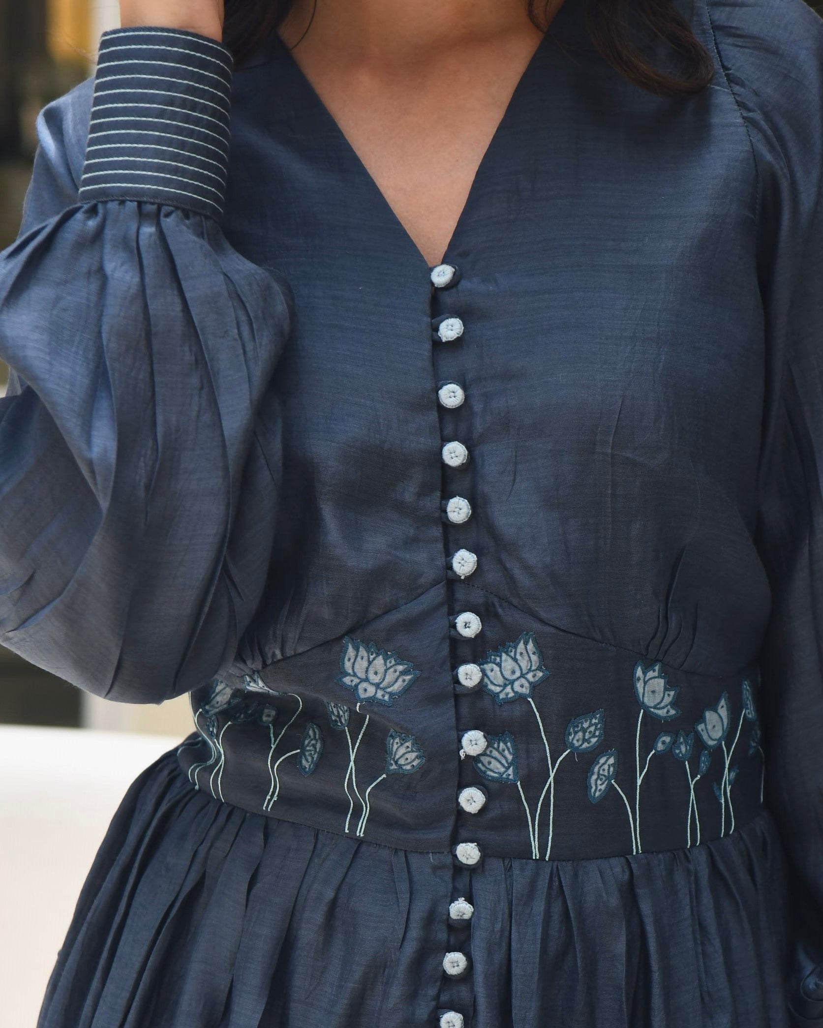 Blue Embroidered Silk Maxi Dress by Taro with Best Selling, Blue, Dusk To Dawn by Taro, Embroidered, Evening Wear, FB ADS JUNE, July Sale, July Sale 2023, Maxi Dresses, Modal silk, Natural, Regular Fit, Shirt Dresses, Silk, Womenswear at Kamakhyaa for sustainable fashion