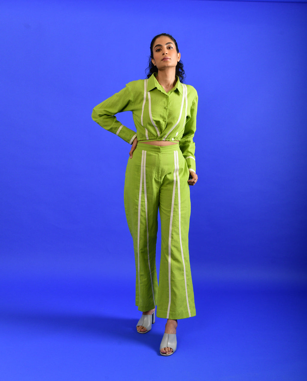 Green Cotton Co-ord Set by Rias Jaipur with Casual Wear, Co-ord Sets, Green, Handloom Cotton, Handspun, Handwoven, Hue, Regular Fit, Rias Hue by Rias Jaipur, Stripes, Travel, Travel Co-ords, Womenswear at Kamakhyaa for sustainable fashion