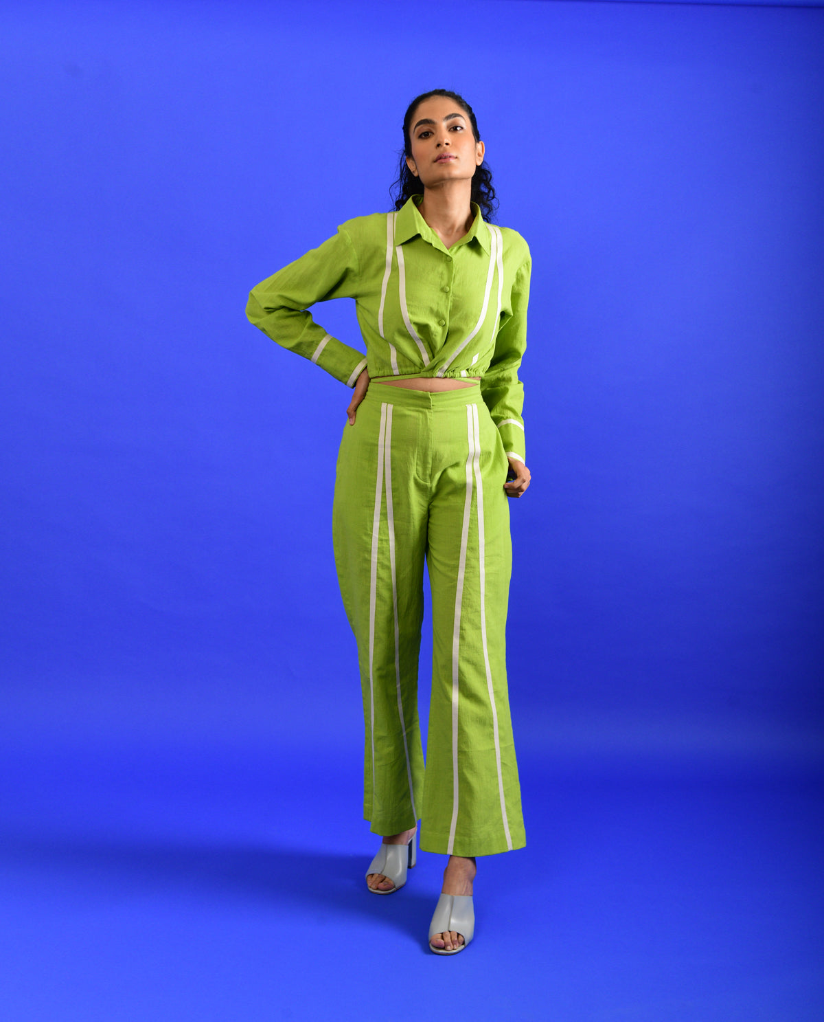 Green Cotton Co-ord Set by Rias Jaipur with Casual Wear, Co-ord Sets, Green, Handloom Cotton, Handspun, Handwoven, Hue, Regular Fit, Rias Hue by Rias Jaipur, Stripes, Travel, Travel Co-ords, Womenswear at Kamakhyaa for sustainable fashion