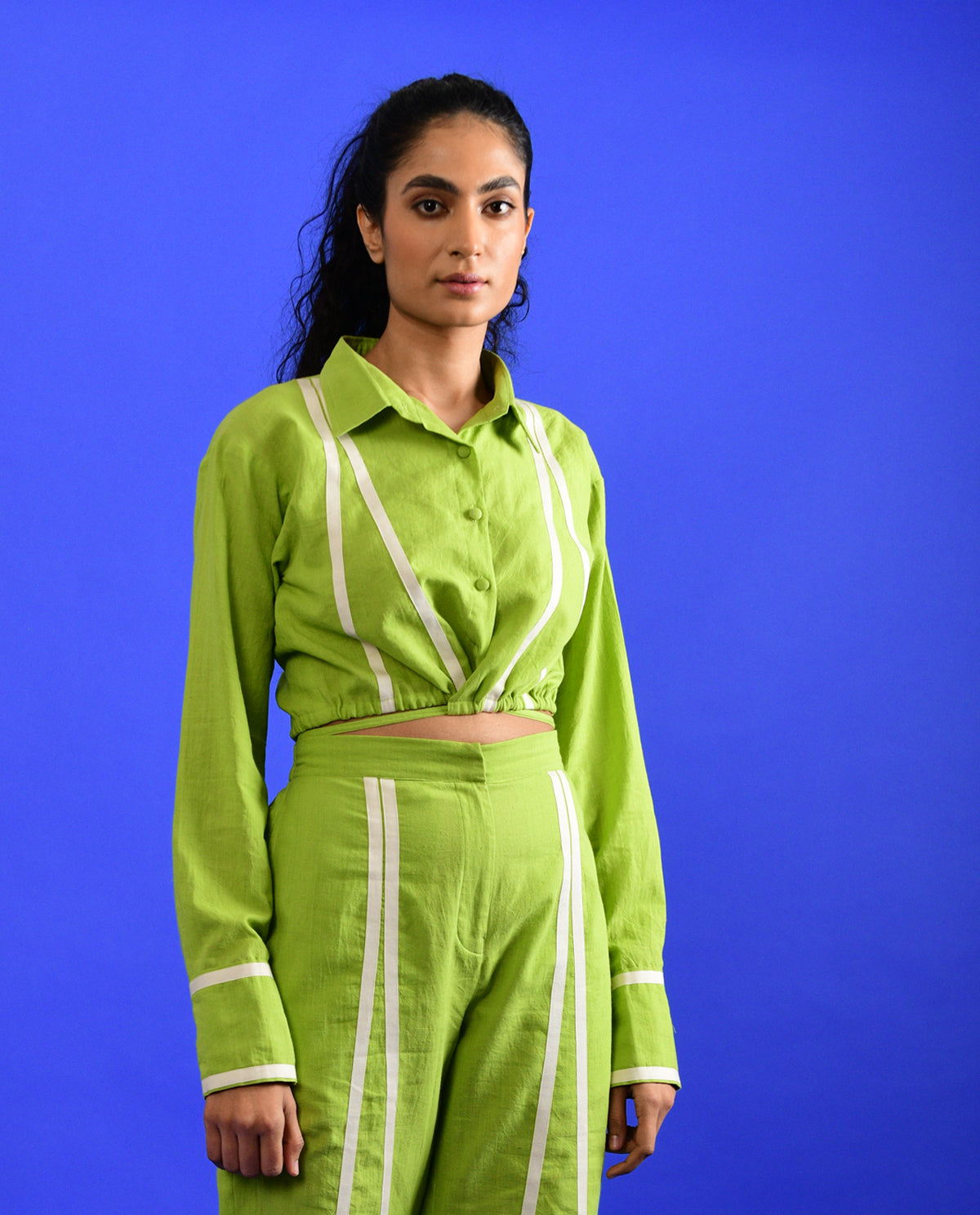 Green Tie Up Crop Top by Rias Jaipur with 100% Organic Cotton, Casual Wear, Crop Tops, Green, Handspun, Handwoven, Hue, Regular Fit, Rias Hue by Rias Jaipur, Solids, Stripes, Womenswear at Kamakhyaa for sustainable fashion