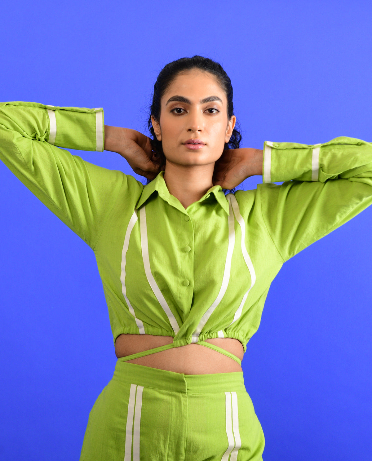 Green Tie Up Crop Top by Rias Jaipur with 100% Organic Cotton, Casual Wear, Crop Tops, Green, Handspun, Handwoven, Hue, Regular Fit, Rias Hue by Rias Jaipur, Solids, Stripes, Womenswear at Kamakhyaa for sustainable fashion