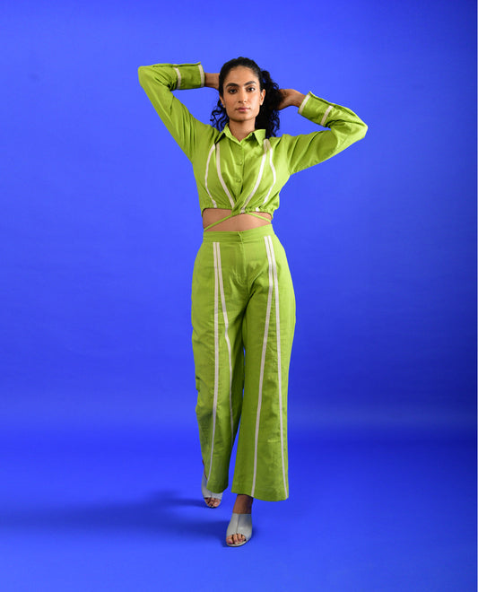 Green Cotton Co-ord Set by Rias Jaipur with Casual Wear, Co-ord Sets, Green, Handloom Cotton, Handspun, Handwoven, Hue, Regular Fit, Rias Hue by Rias Jaipur, Stripes, Travel, Travel Co-ords, Womenswear at Kamakhyaa for sustainable fashion