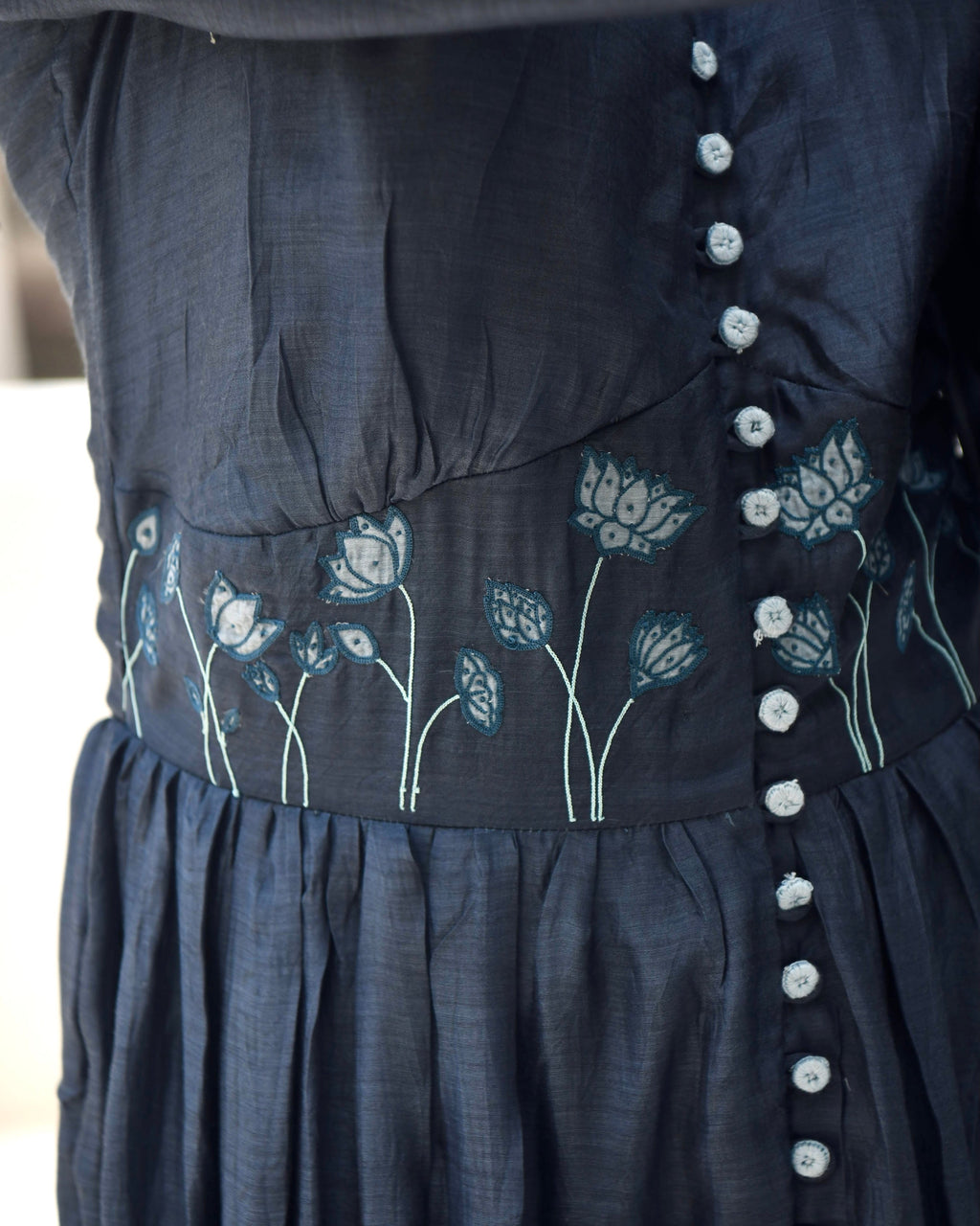 Blue Embroidered Silk Maxi Dress by Taro with Best Selling, Blue, Dusk To Dawn by Taro, Embroidered, Evening Wear, FB ADS JUNE, July Sale, July Sale 2023, Maxi Dresses, Modal silk, Natural, Regular Fit, Shirt Dresses, Silk, Womenswear at Kamakhyaa for sustainable fashion