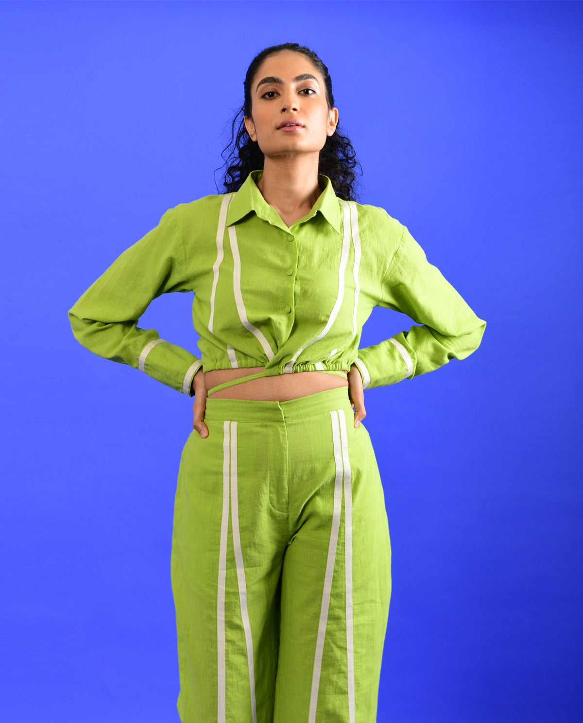 Green Cotton Co-ord Set at Kamakhyaa by Rias Jaipur. This item is Casual Wear, Co-ord Sets, Green, Handloom Cotton, Handspun, Handwoven, Hue, Regular Fit, Stripes, Travel, Travel Co-ords, Womenswear