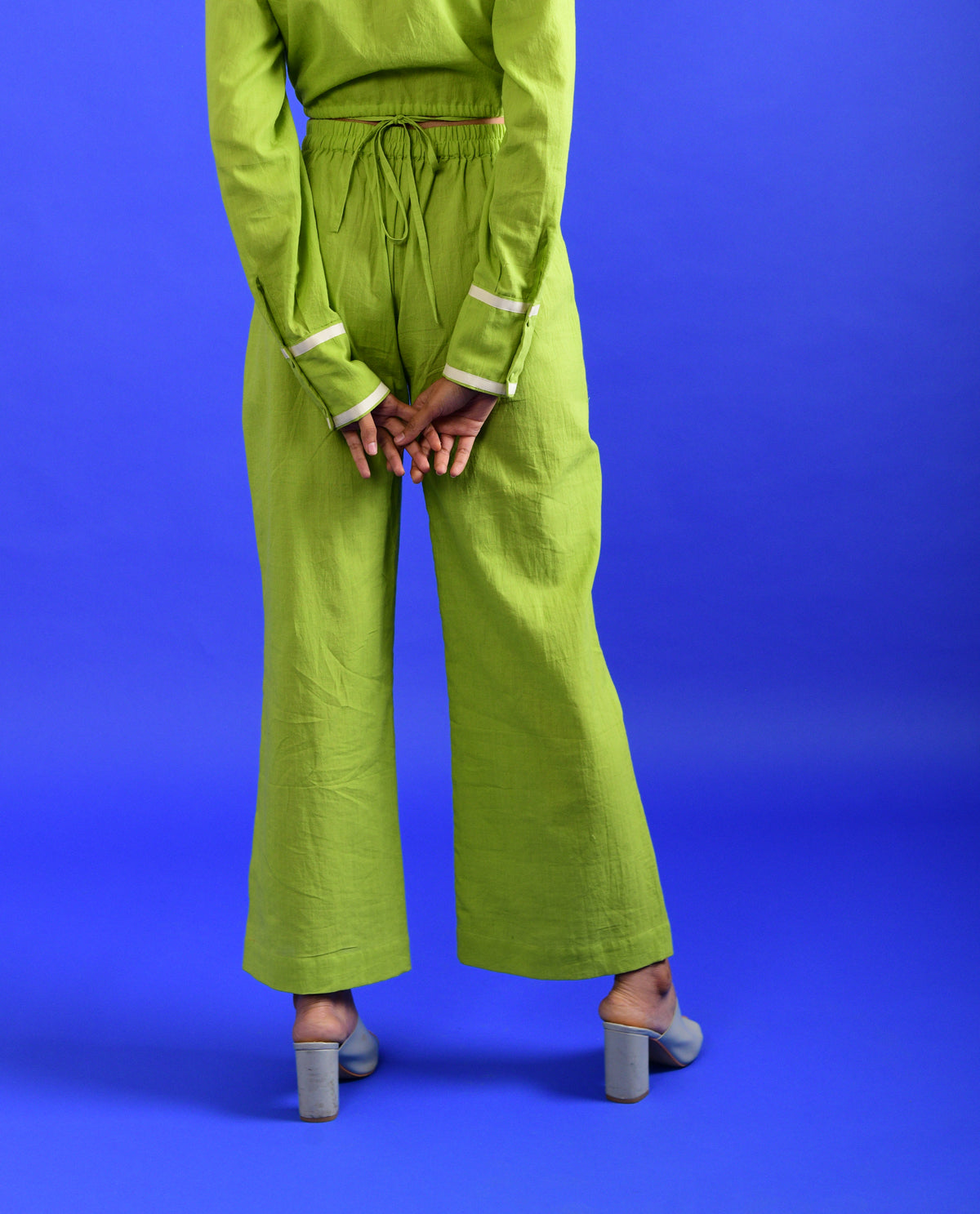 Green Solid Pants by Rias Jaipur with 100% Organic Cotton, Casual Wear, Green, Handspun, Handwoven, Hue, Pants, Regular Fit, Rias Hue by Rias Jaipur, Stripes, Womenswear at Kamakhyaa for sustainable fashion