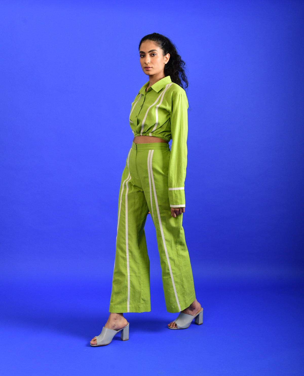 Green Cotton Co-ord Set at Kamakhyaa by Rias Jaipur. This item is Casual Wear, Co-ord Sets, Green, Handloom Cotton, Handspun, Handwoven, Hue, Regular Fit, Stripes, Travel, Travel Co-ords, Womenswear