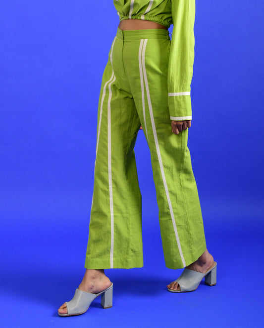 Green Solid Pants by Rias Jaipur with 100% Organic Cotton, Casual Wear, Green, Handspun, Handwoven, Hue, Pants, Regular Fit, Rias Hue by Rias Jaipur, Stripes, Womenswear at Kamakhyaa for sustainable fashion