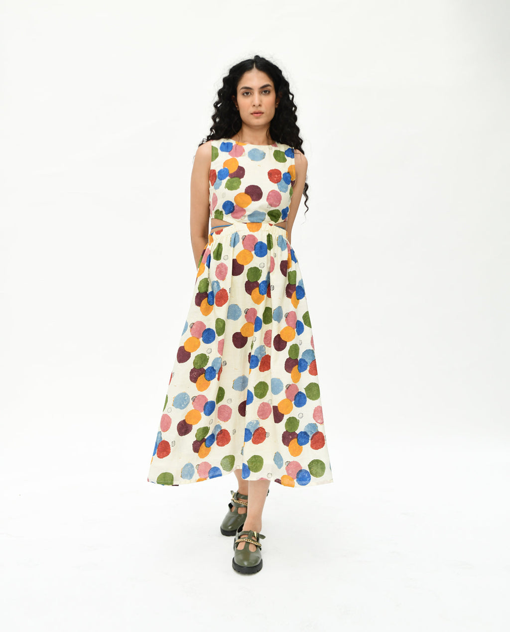 Handblock Printed Polka Dot Maxi Dress by Rias Jaipur with 100% Organic Cotton, Casual Wear, Cut Out Dresses, Handblock Printed, Handspun, Handwoven, Maxi Dresses, Off-White, Polka Dots, Prints, Relaxed Fit, Sleeveless Dresses, Void, Void by Rias Jaipur, Void Polka, Womenswear at Kamakhyaa for sustainable fashion