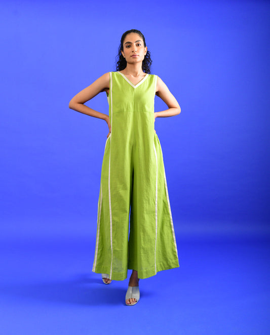 Green Solid Jumpsuit by Rias Jaipur with 100% Organic Cotton, Casual Wear, Green, Handspun, Handwoven, Hue, Jumpsuits, Regular Fit, Rias Hue by Rias Jaipur, Stripes, Womenswear at Kamakhyaa for sustainable fashion