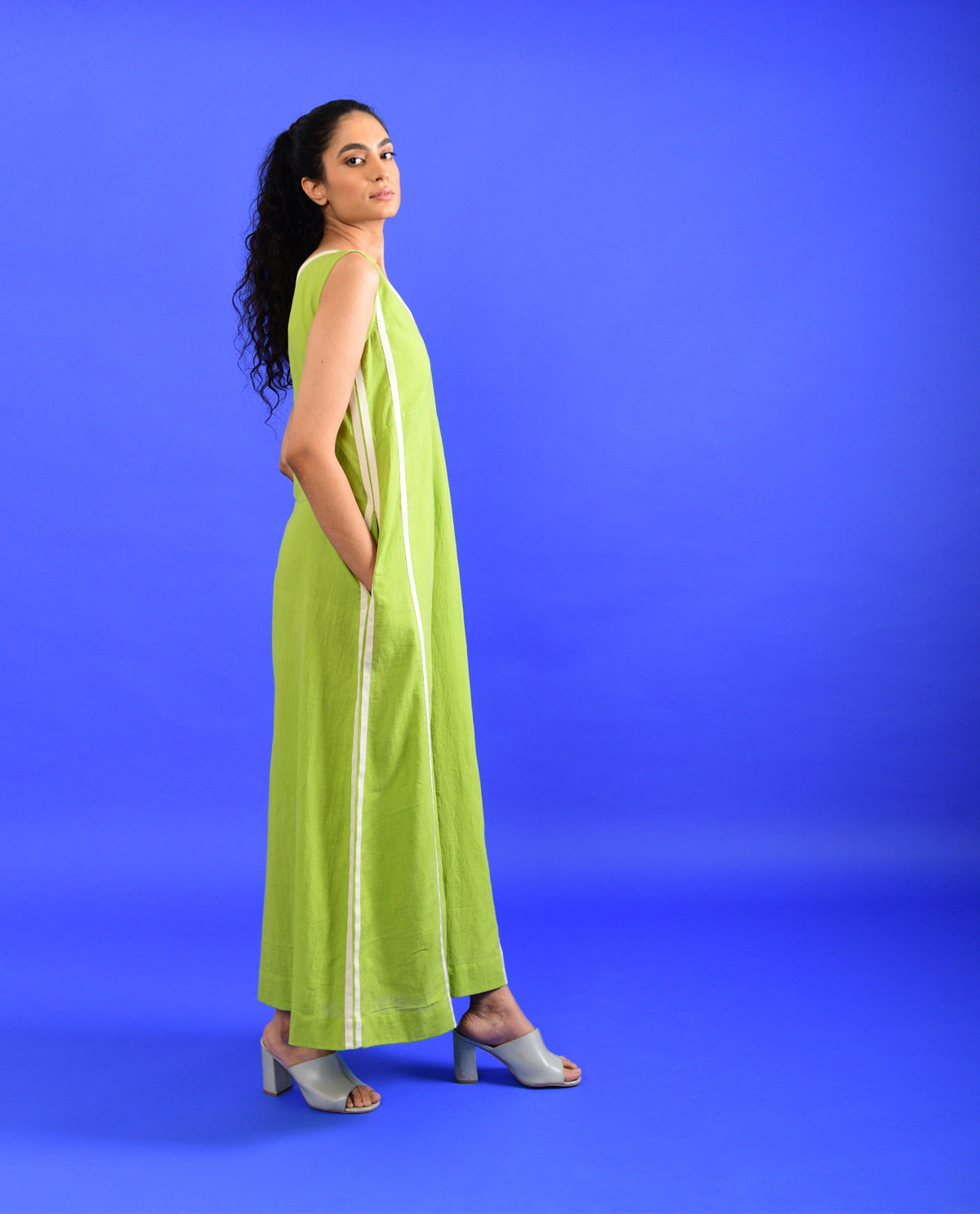 Green Solid Jumpsuit by Rias Jaipur with 100% Organic Cotton, Casual Wear, Green, Handspun, Handwoven, Hue, Jumpsuits, Regular Fit, Rias Hue by Rias Jaipur, Stripes, Womenswear at Kamakhyaa for sustainable fashion