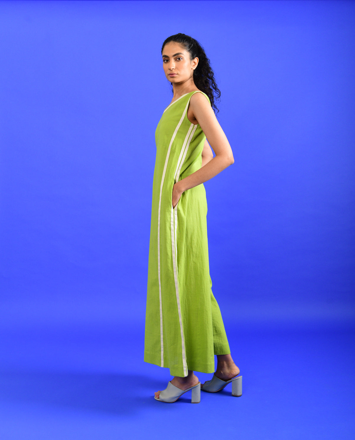 Green Solid Jumpsuit by Rias Jaipur with 100% Organic Cotton, Casual Wear, Green, Handspun, Handwoven, Hue, Jumpsuits, Regular Fit, Rias Hue by Rias Jaipur, Stripes, Womenswear at Kamakhyaa for sustainable fashion