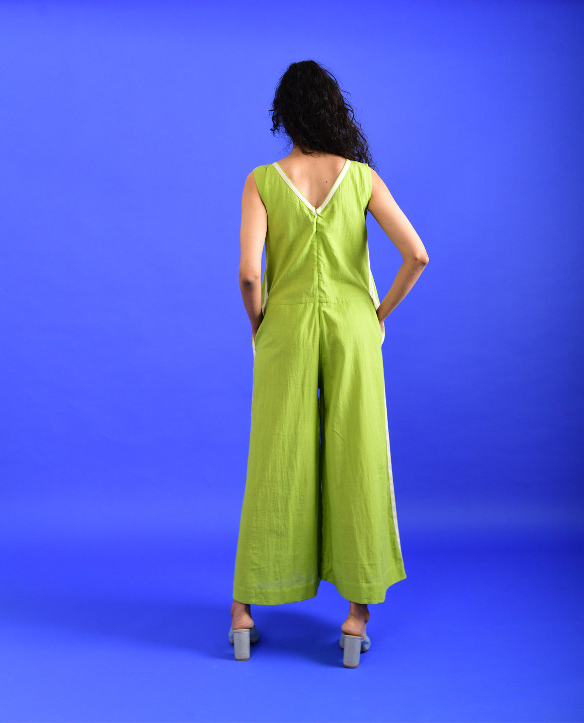 Green Solid Jumpsuit by Rias Jaipur with 100% Organic Cotton, Casual Wear, Green, Handspun, Handwoven, Hue, Jumpsuits, Regular Fit, Rias Hue by Rias Jaipur, Stripes, Womenswear at Kamakhyaa for sustainable fashion