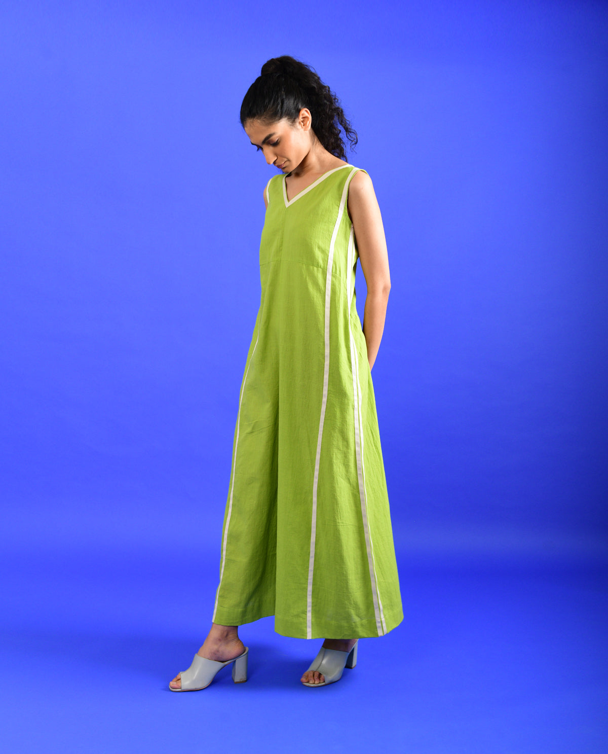 Green Solid Jumpsuit by Rias Jaipur with 100% Organic Cotton, Casual Wear, Green, Handspun, Handwoven, Hue, Jumpsuits, Regular Fit, Rias Hue by Rias Jaipur, Stripes, Womenswear at Kamakhyaa for sustainable fashion