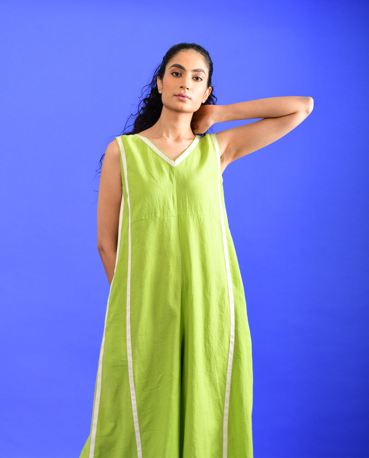 Green Solid Jumpsuit by Rias Jaipur with 100% Organic Cotton, Casual Wear, Green, Handspun, Handwoven, Hue, Jumpsuits, Regular Fit, Rias Hue by Rias Jaipur, Stripes, Womenswear at Kamakhyaa for sustainable fashion