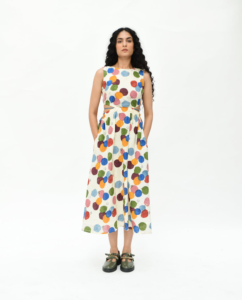 Handblock Printed Polka Dot Maxi Dress by Rias Jaipur with 100% Organic Cotton, Casual Wear, Cut Out Dresses, Handblock Printed, Handspun, Handwoven, Maxi Dresses, Off-White, Polka Dots, Prints, Relaxed Fit, Sleeveless Dresses, Void, Void by Rias Jaipur, Void Polka, Womenswear at Kamakhyaa for sustainable fashion