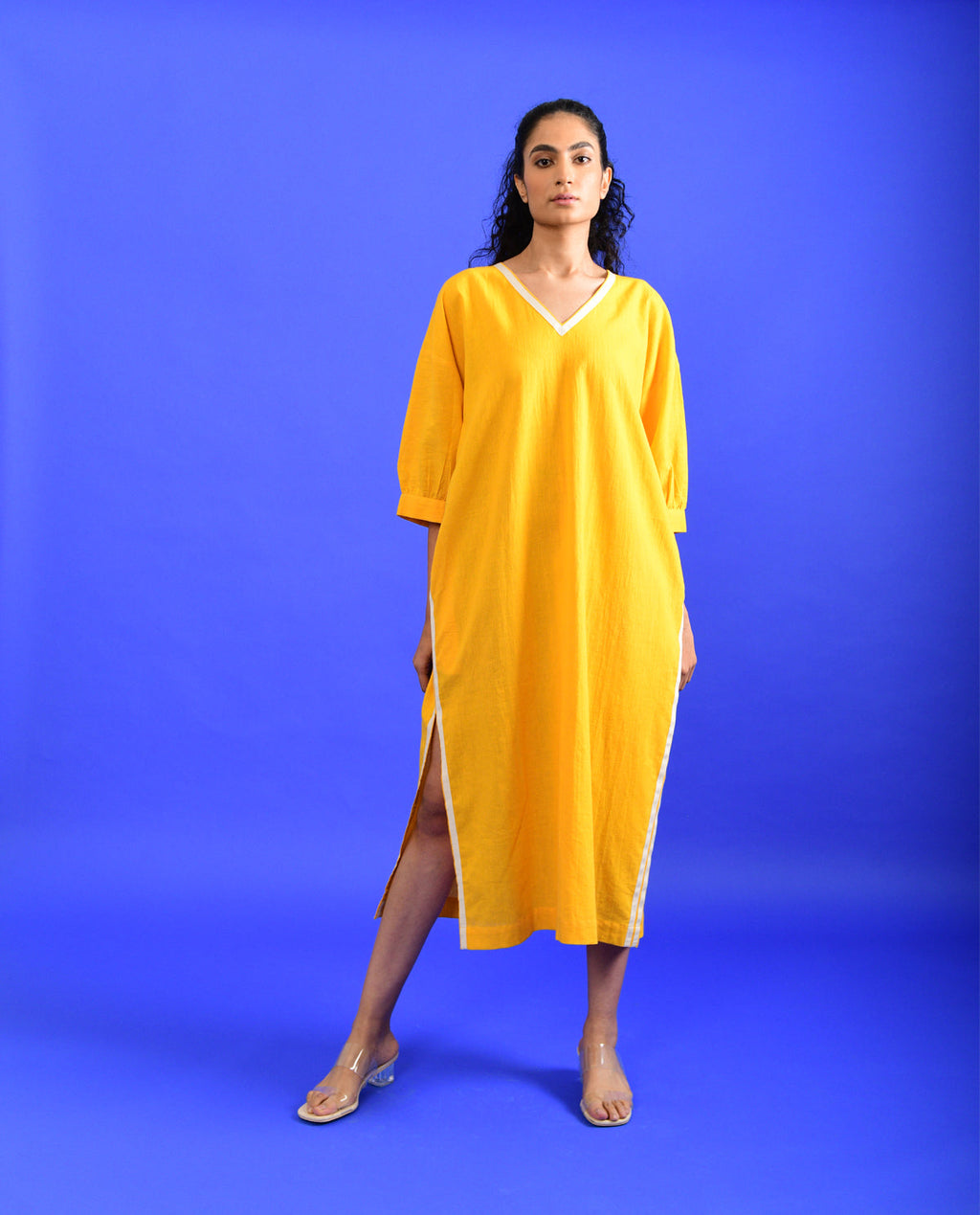 Yellow Solid Midi Dress by Rias Jaipur with Casual Wear, Handloom Cotton, Handspun, Handwoven, Hue, Midi Dresses, Relaxed Fit, Rias Hue by Rias Jaipur, Solids, Stripes, Womenswear, Yellow at Kamakhyaa for sustainable fashion