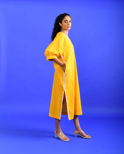 Yellow Solid Midi Dress by Rias Jaipur with Casual Wear, Handloom Cotton, Handspun, Handwoven, Hue, Midi Dresses, Relaxed Fit, Rias Hue by Rias Jaipur, Solids, Stripes, Womenswear, Yellow at Kamakhyaa for sustainable fashion