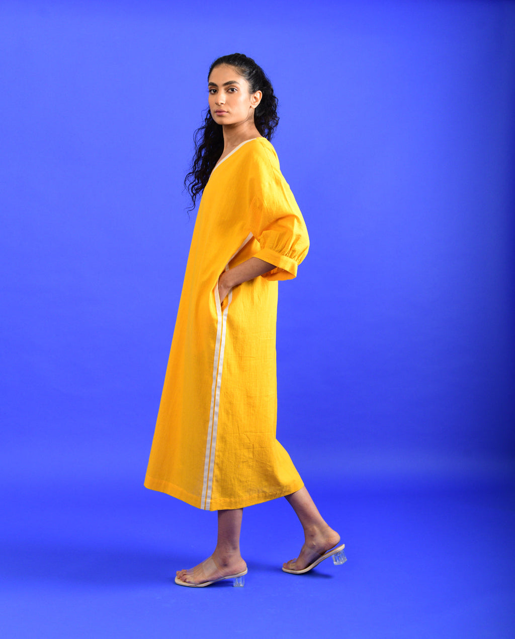 Yellow Solid Midi Dress by Rias Jaipur with Casual Wear, Handloom Cotton, Handspun, Handwoven, Hue, Midi Dresses, Relaxed Fit, Rias Hue by Rias Jaipur, Solids, Stripes, Womenswear, Yellow at Kamakhyaa for sustainable fashion