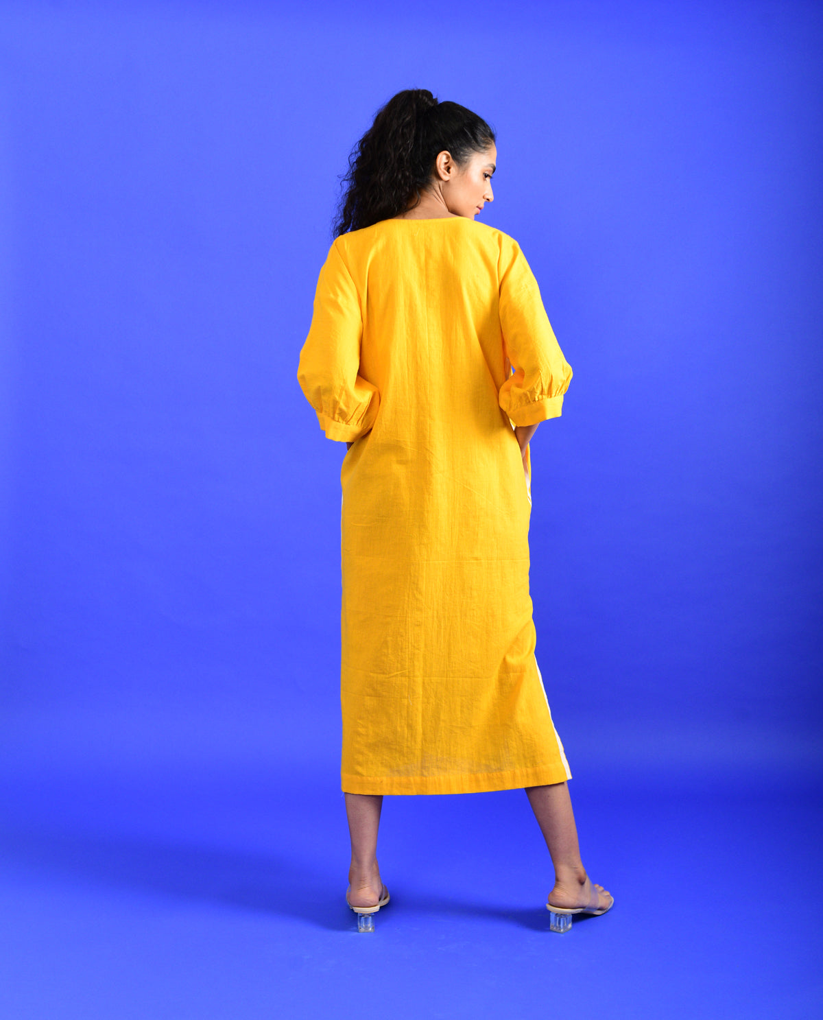 Yellow Solid Midi Dress by Rias Jaipur with Casual Wear, Handloom Cotton, Handspun, Handwoven, Hue, Midi Dresses, Relaxed Fit, Rias Hue by Rias Jaipur, Solids, Stripes, Womenswear, Yellow at Kamakhyaa for sustainable fashion