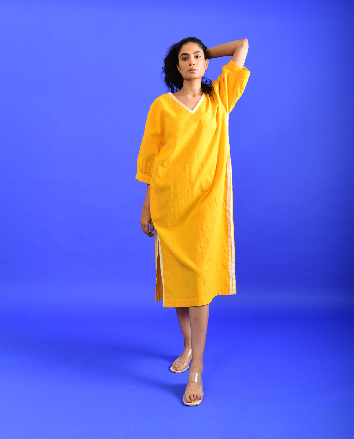 Yellow Solid Midi Dress by Rias Jaipur with Casual Wear, Handloom Cotton, Handspun, Handwoven, Hue, Midi Dresses, Relaxed Fit, Rias Hue by Rias Jaipur, Solids, Stripes, Womenswear, Yellow at Kamakhyaa for sustainable fashion