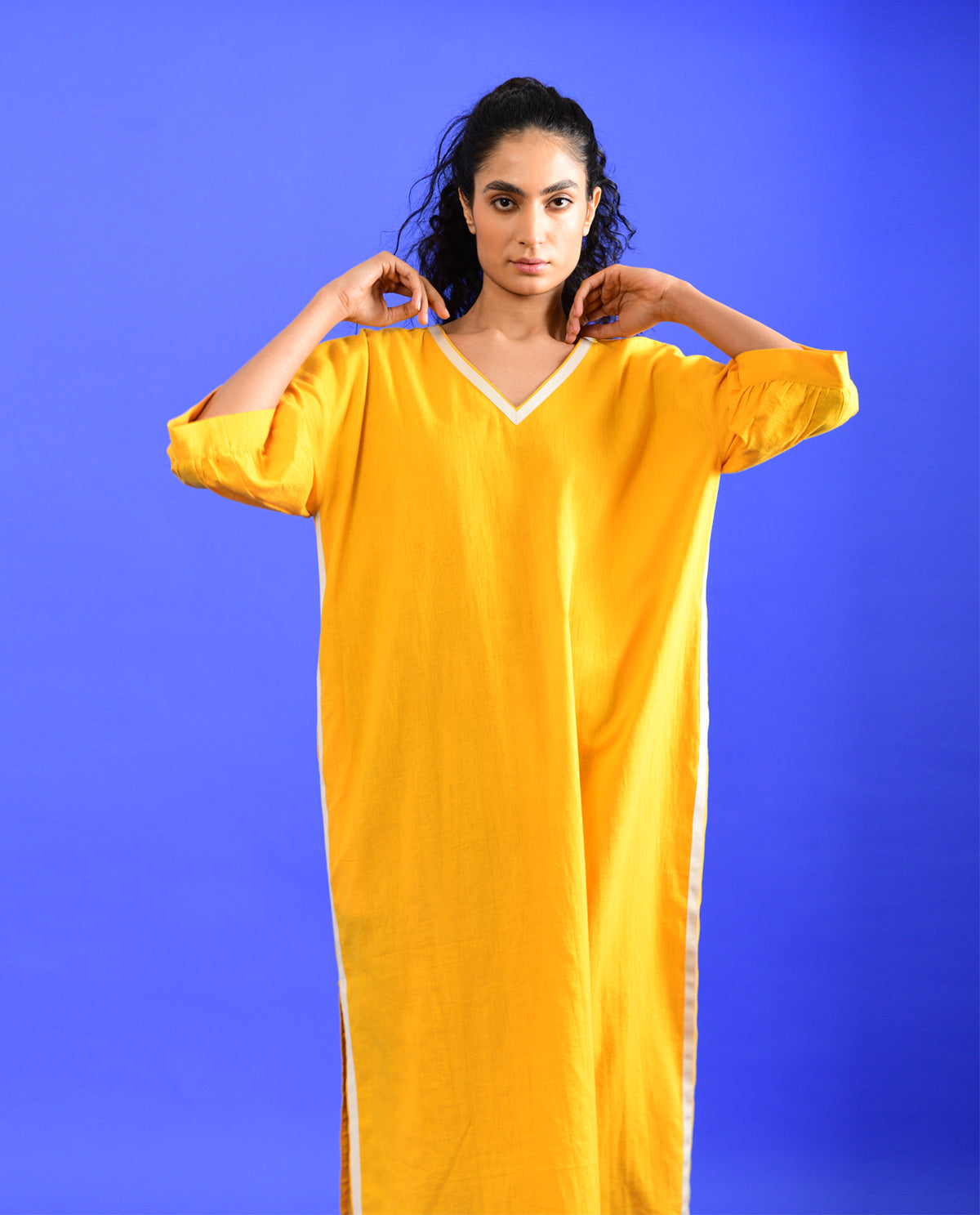 Yellow Solid Midi Dress at Kamakhyaa by Rias Jaipur. This item is Casual Wear, Handloom Cotton, Handspun, Handwoven, Hue, Midi Dresses, Relaxed Fit, Solids, Stripes, Womenswear, Yellow