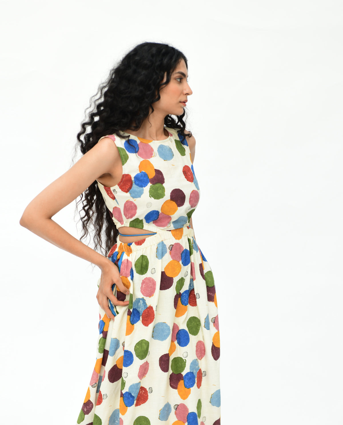 Handblock Printed Polka Dot Maxi Dress by Rias Jaipur with 100% Organic Cotton, Casual Wear, Cut Out Dresses, Handblock Printed, Handspun, Handwoven, Maxi Dresses, Off-White, Polka Dots, Prints, Relaxed Fit, Sleeveless Dresses, Void, Void by Rias Jaipur, Void Polka, Womenswear at Kamakhyaa for sustainable fashion