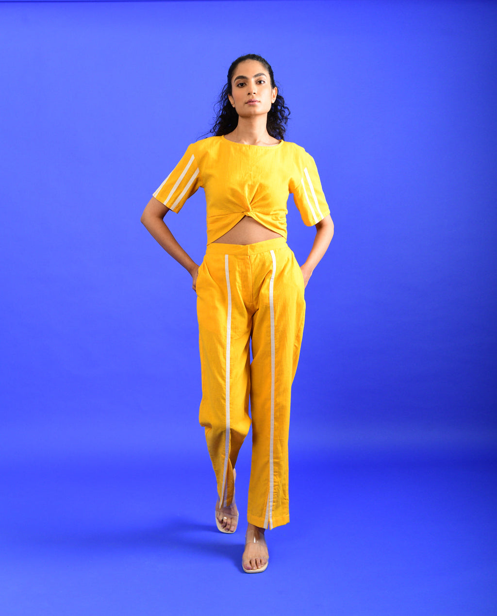 Yellow Solid Co-ord Set by Rias Jaipur with Casual Wear, Co-ord Sets, Handloom Cotton, Handspun, Handwoven, Hue, Regular Fit, Rias Hue by Rias Jaipur, Solids, Stripes, Travel, Travel Co-ords, Womenswear, Yellow at Kamakhyaa for sustainable fashion