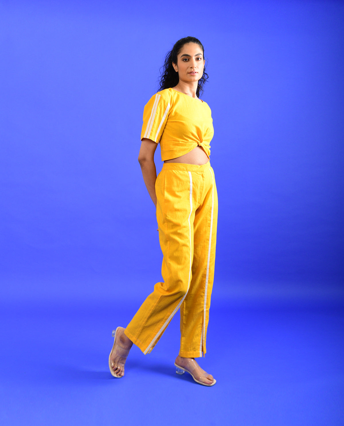 Yellow Solid Co-ord Set by Rias Jaipur with Casual Wear, Co-ord Sets, Handloom Cotton, Handspun, Handwoven, Hue, Regular Fit, Rias Hue by Rias Jaipur, Solids, Stripes, Travel, Travel Co-ords, Womenswear, Yellow at Kamakhyaa for sustainable fashion