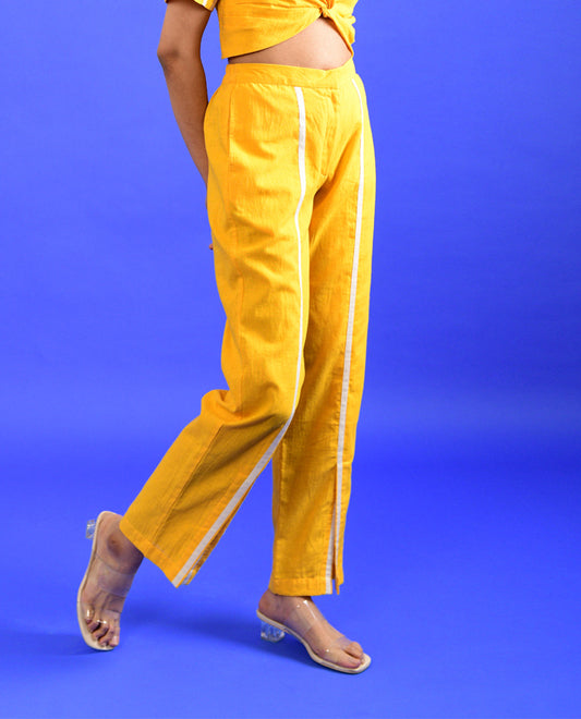 Yellow Solid Pants by Rias Jaipur with Casual Wear, Handloom Cotton, Handspun, Handwoven, Hue, Pants, Regular Fit, Rias Hue by Rias Jaipur, Solids, Stripes, Womenswear, Yellow at Kamakhyaa for sustainable fashion