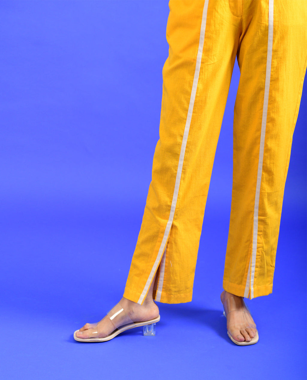 Yellow Solid Pants by Rias Jaipur with Casual Wear, Handloom Cotton, Handspun, Handwoven, Hue, Pants, Regular Fit, Rias Hue by Rias Jaipur, Solids, Stripes, Womenswear, Yellow at Kamakhyaa for sustainable fashion