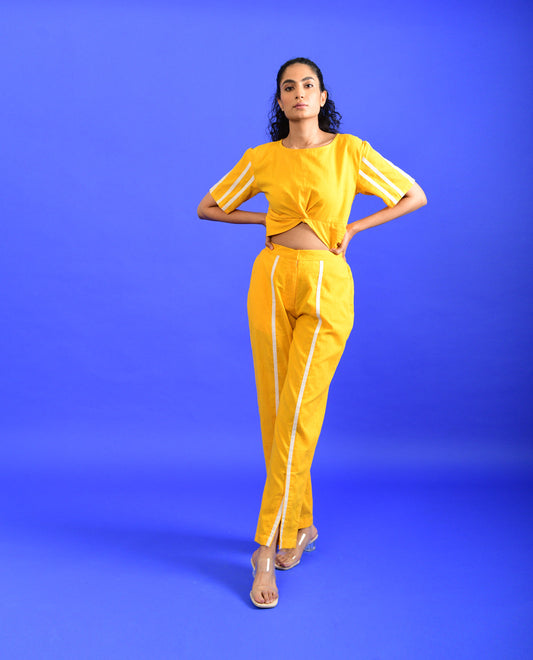 Yellow Solid Co-ord Set by Rias Jaipur with Casual Wear, Co-ord Sets, Handloom Cotton, Handspun, Handwoven, Hue, Regular Fit, Rias Hue by Rias Jaipur, Solids, Stripes, Travel, Travel Co-ords, Womenswear, Yellow at Kamakhyaa for sustainable fashion