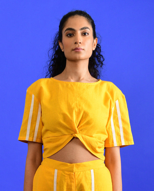 Yellow Knotted Crop Top by Rias Jaipur with Casual Wear, Crop Tops, Handloom Cotton, Handspun, Handwoven, Hue, Regular Fit, Rias Hue by Rias Jaipur, Solids, Stripes, Womenswear, Yellow at Kamakhyaa for sustainable fashion