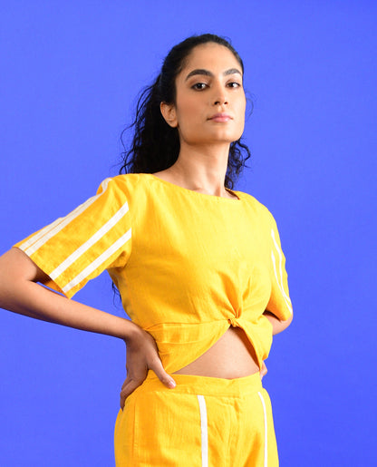 Yellow Knotted Crop Top by Rias Jaipur with Casual Wear, Crop Tops, Handloom Cotton, Handspun, Handwoven, Hue, Regular Fit, Rias Hue by Rias Jaipur, Solids, Stripes, Womenswear, Yellow at Kamakhyaa for sustainable fashion