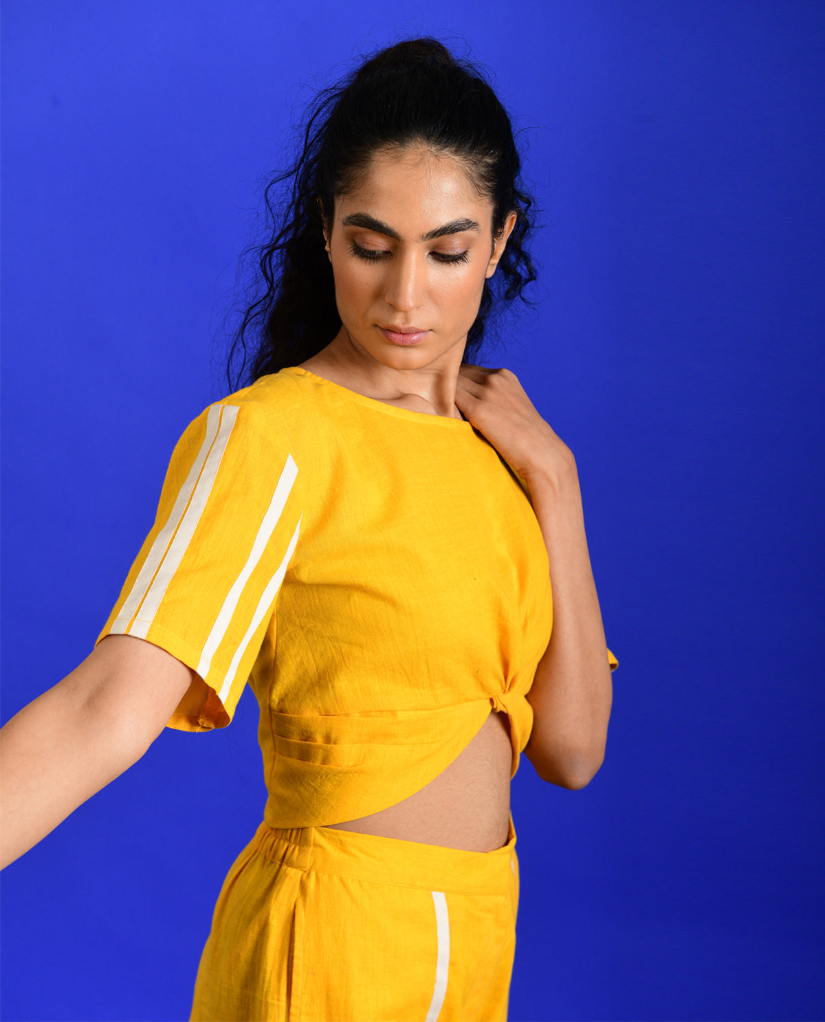 Yellow Solid Co-ord Set by Rias Jaipur with Casual Wear, Co-ord Sets, Handloom Cotton, Handspun, Handwoven, Hue, Regular Fit, Rias Hue by Rias Jaipur, Solids, Stripes, Travel, Travel Co-ords, Womenswear, Yellow at Kamakhyaa for sustainable fashion