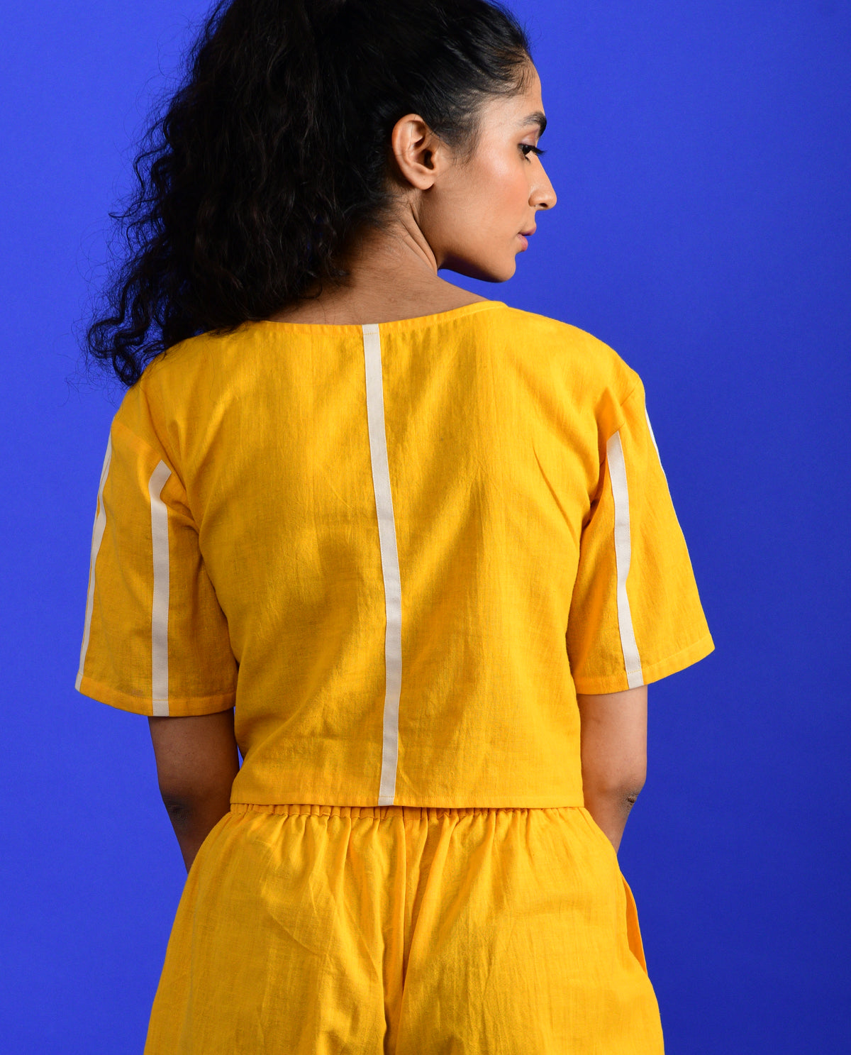 Yellow Knotted Crop Top by Rias Jaipur with Casual Wear, Crop Tops, Handloom Cotton, Handspun, Handwoven, Hue, Regular Fit, Rias Hue by Rias Jaipur, Solids, Stripes, Womenswear, Yellow at Kamakhyaa for sustainable fashion