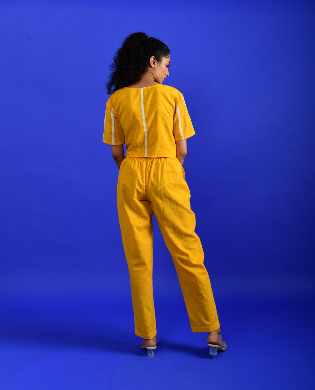 Yellow Solid Co-ord Set by Rias Jaipur with Casual Wear, Co-ord Sets, Handloom Cotton, Handspun, Handwoven, Hue, Regular Fit, Rias Hue by Rias Jaipur, Solids, Stripes, Travel, Travel Co-ords, Womenswear, Yellow at Kamakhyaa for sustainable fashion