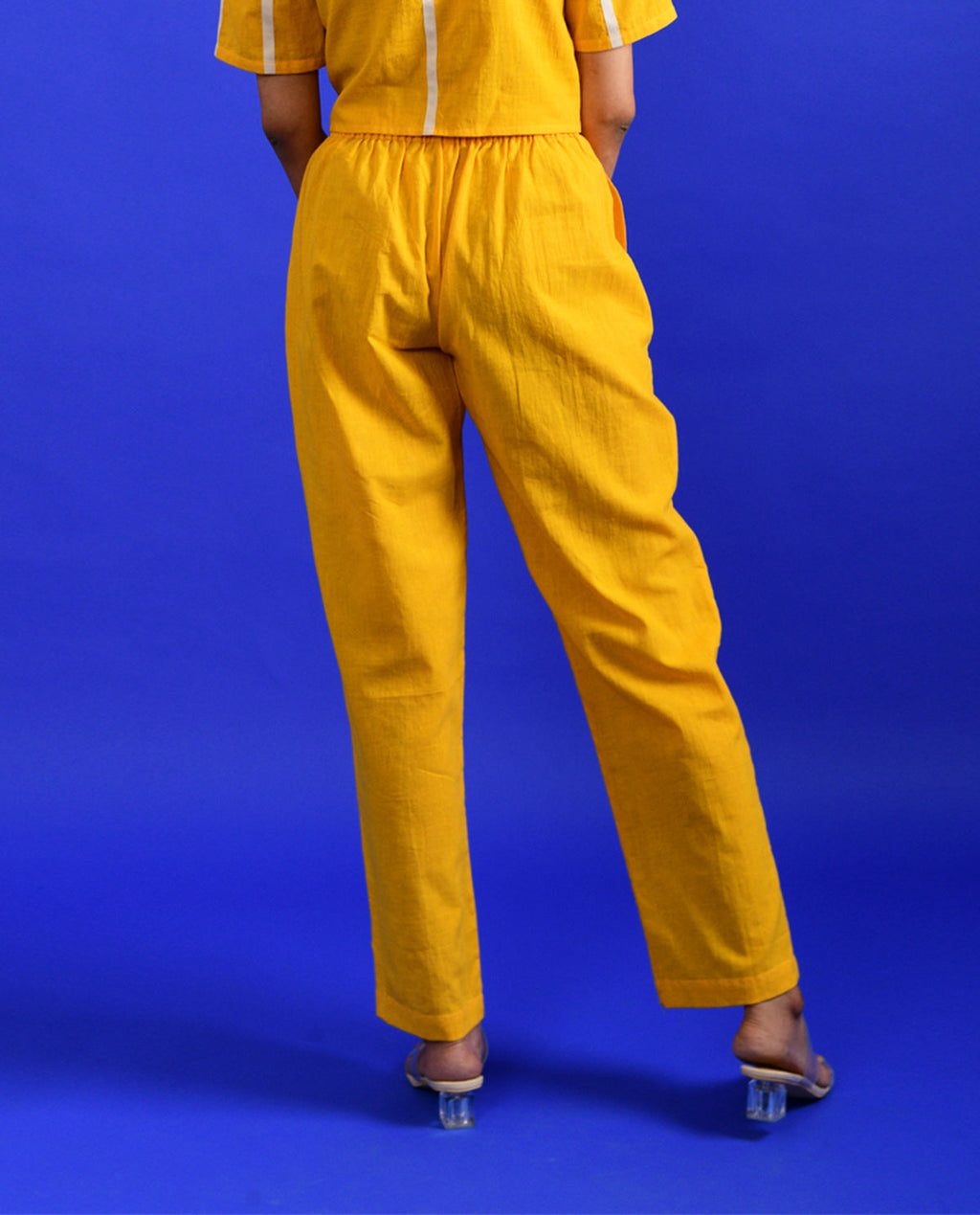 Yellow Solid Pants by Rias Jaipur with Casual Wear, Handloom Cotton, Handspun, Handwoven, Hue, Pants, Regular Fit, Rias Hue by Rias Jaipur, Solids, Stripes, Womenswear, Yellow at Kamakhyaa for sustainable fashion