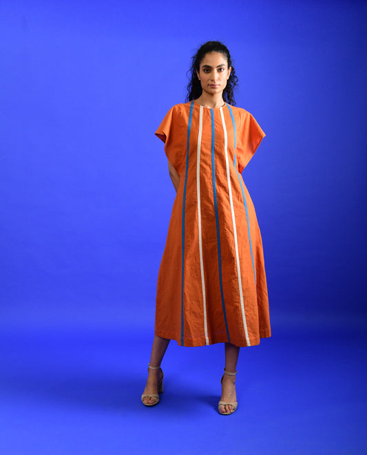 Orange Midi Dress by Rias Jaipur with Best Selling, Casual Wear, Handloom Cotton, Handspun, Handwoven, Hue, Midi Dresses, Orange, Regular Fit, Rias Hue by Rias Jaipur, Stripes, Womenswear at Kamakhyaa for sustainable fashion