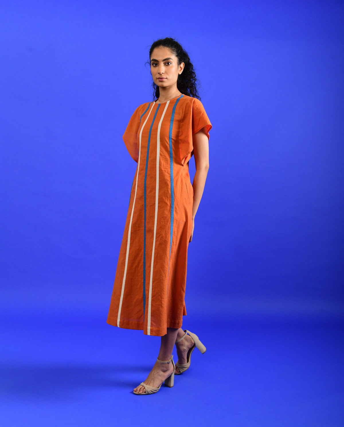 Orange Midi Dress by Rias Jaipur with Best Selling, Casual Wear, Handloom Cotton, Handspun, Handwoven, Hue, Midi Dresses, Orange, Regular Fit, Rias Hue by Rias Jaipur, Stripes, Womenswear at Kamakhyaa for sustainable fashion