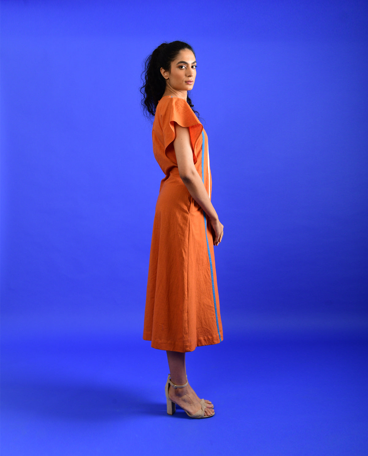 Orange Midi Dress by Rias Jaipur with Best Selling, Casual Wear, Handloom Cotton, Handspun, Handwoven, Hue, Midi Dresses, Orange, Regular Fit, Rias Hue by Rias Jaipur, Stripes, Womenswear at Kamakhyaa for sustainable fashion