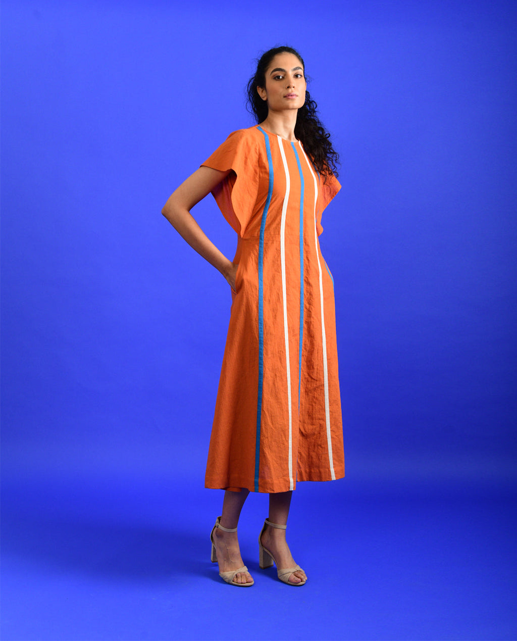 Orange Midi Dress by Rias Jaipur with Best Selling, Casual Wear, Handloom Cotton, Handspun, Handwoven, Hue, Midi Dresses, Orange, Regular Fit, Rias Hue by Rias Jaipur, Stripes, Womenswear at Kamakhyaa for sustainable fashion