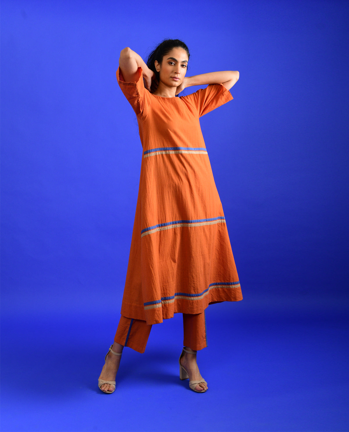 Orange Cotton Co-ord Set by Rias Jaipur with Casual Wear, Co-ord Sets, Handloom Cotton, Handspun, Handwoven, Hue, Orange, Regular Fit, Rias Hue by Rias Jaipur, Stripes, Travel, Travel Co-ords, Womenswear at Kamakhyaa for sustainable fashion