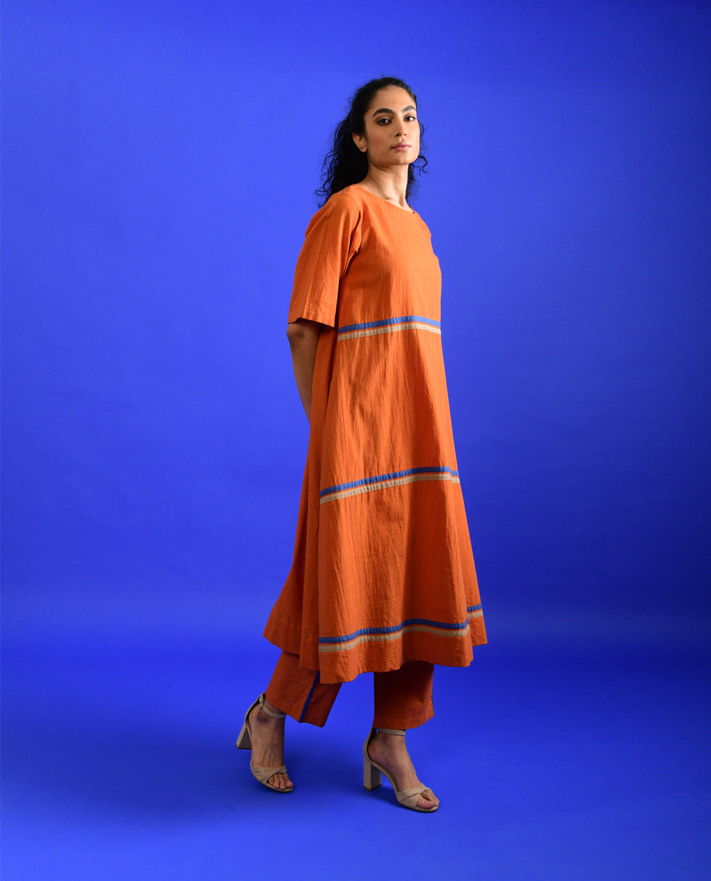 Orange Cotton Co-ord Set by Rias Jaipur with Casual Wear, Co-ord Sets, Handloom Cotton, Handspun, Handwoven, Hue, Orange, Regular Fit, Rias Hue by Rias Jaipur, Stripes, Travel, Travel Co-ords, Womenswear at Kamakhyaa for sustainable fashion