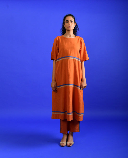 Orange Cotton Co-ord Set by Rias Jaipur with Casual Wear, Co-ord Sets, Handloom Cotton, Handspun, Handwoven, Hue, Orange, Regular Fit, Rias Hue by Rias Jaipur, Stripes, Travel, Travel Co-ords, Womenswear at Kamakhyaa for sustainable fashion