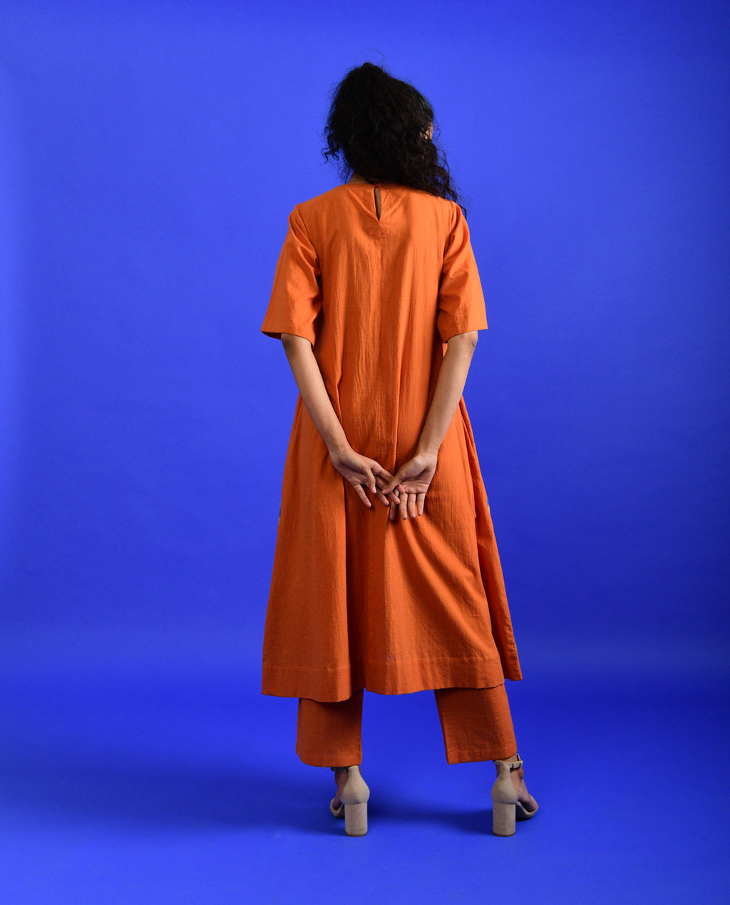 Orange Cotton Co-ord Set by Rias Jaipur with Casual Wear, Co-ord Sets, Handloom Cotton, Handspun, Handwoven, Hue, Orange, Regular Fit, Rias Hue by Rias Jaipur, Stripes, Travel, Travel Co-ords, Womenswear at Kamakhyaa for sustainable fashion