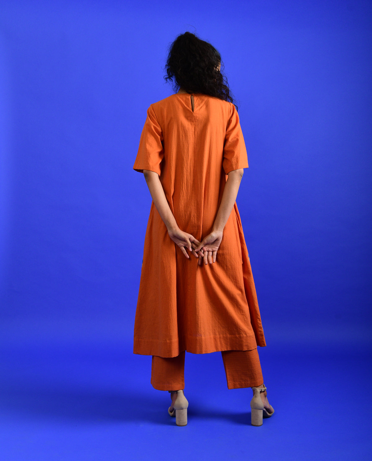Orange Cotton Co-ord Set by Rias Jaipur with Casual Wear, Co-ord Sets, Handloom Cotton, Handspun, Handwoven, Hue, Orange, Regular Fit, Rias Hue by Rias Jaipur, Stripes, Travel, Travel Co-ords, Womenswear at Kamakhyaa for sustainable fashion