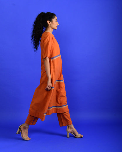 Orange Cotton Co-ord Set by Rias Jaipur with Casual Wear, Co-ord Sets, Handloom Cotton, Handspun, Handwoven, Hue, Orange, Regular Fit, Rias Hue by Rias Jaipur, Stripes, Travel, Travel Co-ords, Womenswear at Kamakhyaa for sustainable fashion