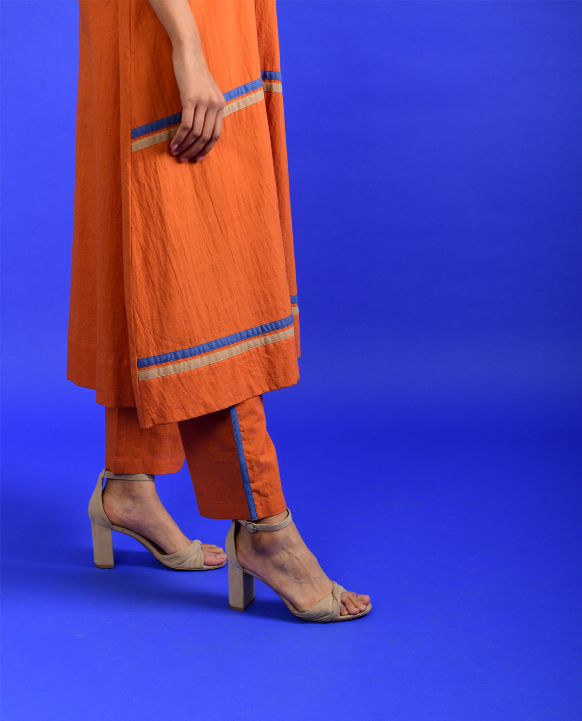 Orange Cotton Co-ord Set at Kamakhyaa by Rias Jaipur. This item is Casual Wear, Co-ord Sets, Handloom Cotton, Handspun, Handwoven, Hue, Orange, Regular Fit, Stripes, Travel, Travel Co-ords, Womenswear