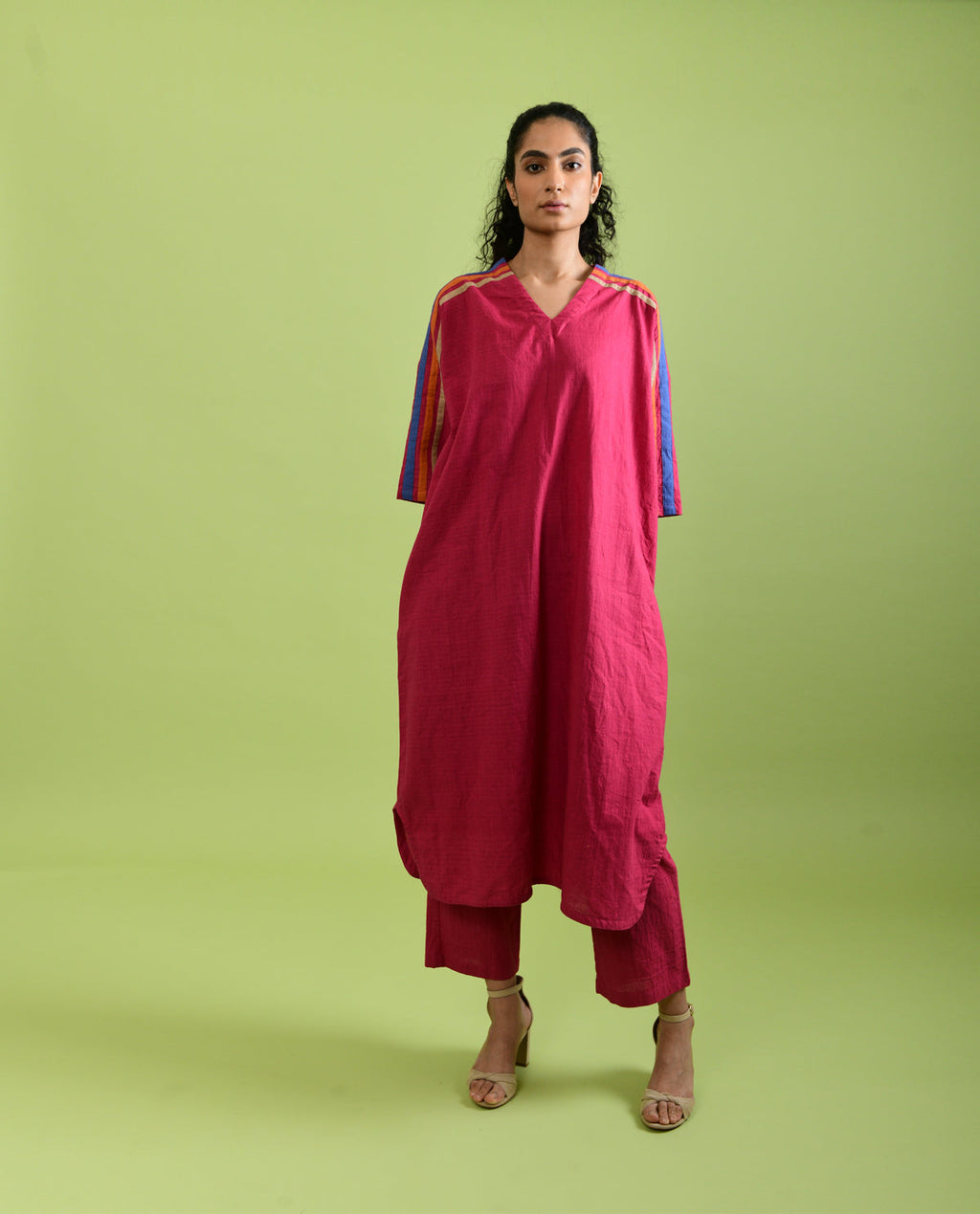 Viva Magenta Co-ord Set by Rias Jaipur with Best Selling, Casual Wear, Co-ord Sets, For Mother, For Mother W, Handloom Cotton, Handspun, Handwoven, Hue, Lounge Wear Co-ords, Pink, Regular Fit, Rias Hue by Rias Jaipur, Solids, Stripes, Womenswear at Kamakhyaa for sustainable fashion